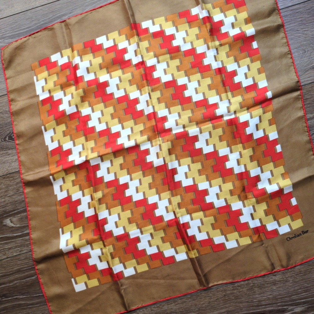 Vtg Christian Dior Silk Scarf Brown Red Geometric Brick Logo Italy Made 26in